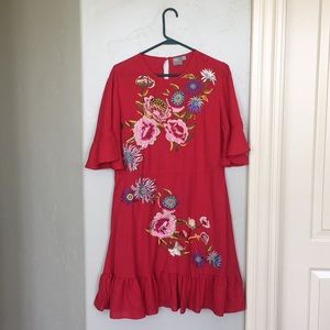 red short dress with embroidered flowers